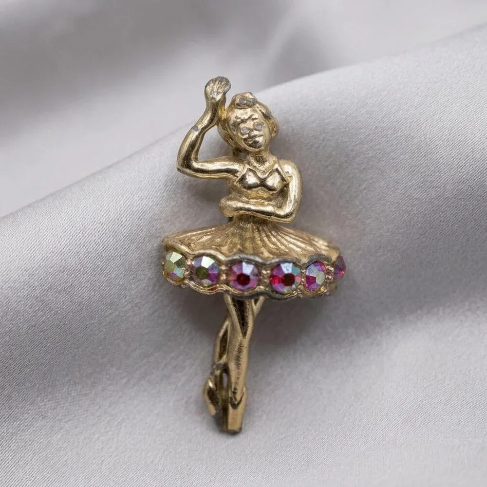 Ballerina Vintage Brooch Rhinestone Skirt Dancer Ballet Pin Gold Tone 1.75 inch